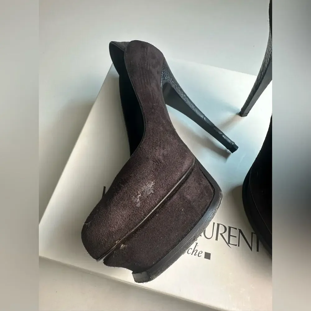 Saint Laurent Tribute YSL 105 Suede‎ Ostrich Platform Heels Size 7.5 Brown
